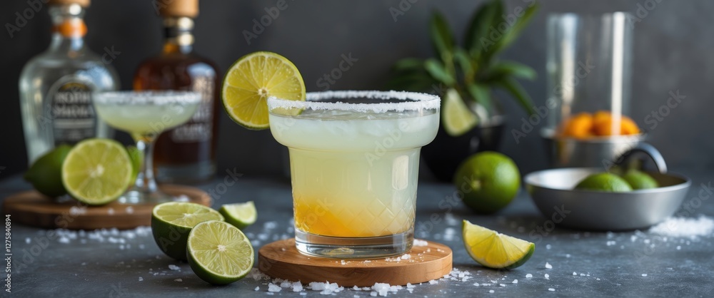 Poster refreshing margarita cocktail with tequila and lime slices on a rustic table surrounded by ingredien