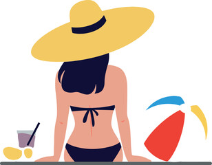 A woman relaxing by the pool wearing a large sun hat in flat vector art