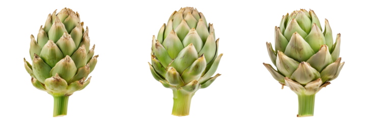 Set of A basket filled with fresh whole artichokes displayed on a kitchen table, surrounded by kitchen tools on transparent png background. Ai generated