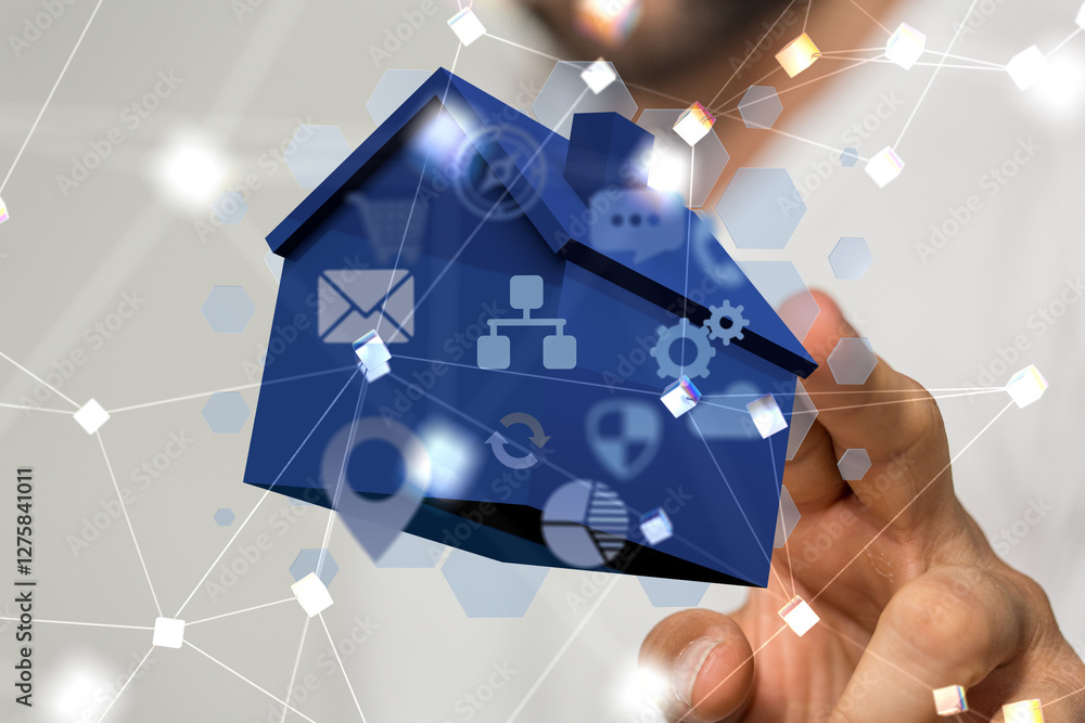 Poster home iot - neural network 3d illustration. big data and cybersecurity