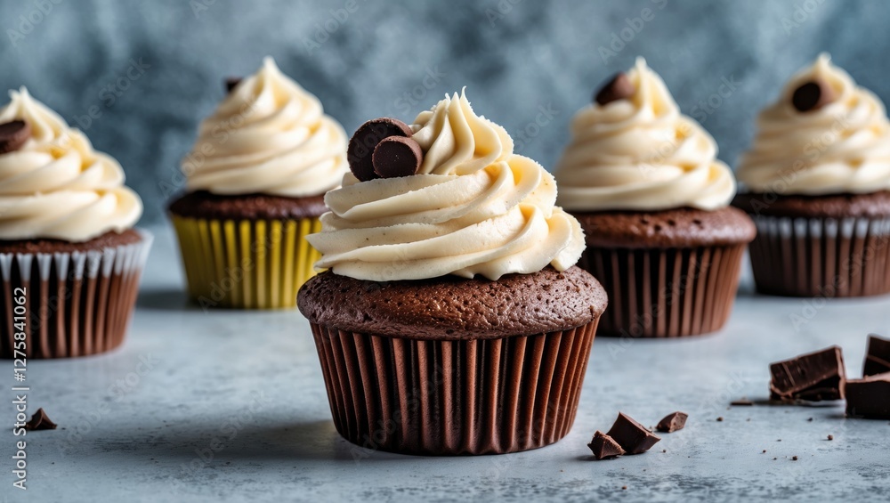 Poster chocolate and vanilla frosted cupcakes in focus with a soft background and space for text ideal for 