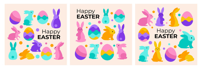 Set of Easter cards with Easter bunnies, decorated eggs, and festive elements. Ideal for greeting cards, social media, invitations, and holiday decorations.