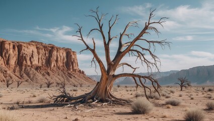 Desolate Desert Landscape Featuring A Dead Tree Against Rocky Cliffs With Clear Blue Sky And Space For Text Overlay