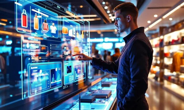 Man interacts with interactive display, showcasing clothing inventory in modern store