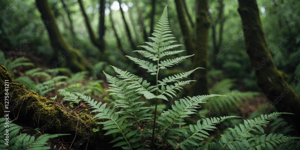 Poster lush green fern thriving in a forest setting with soft light and ample space for text, ideal for nat