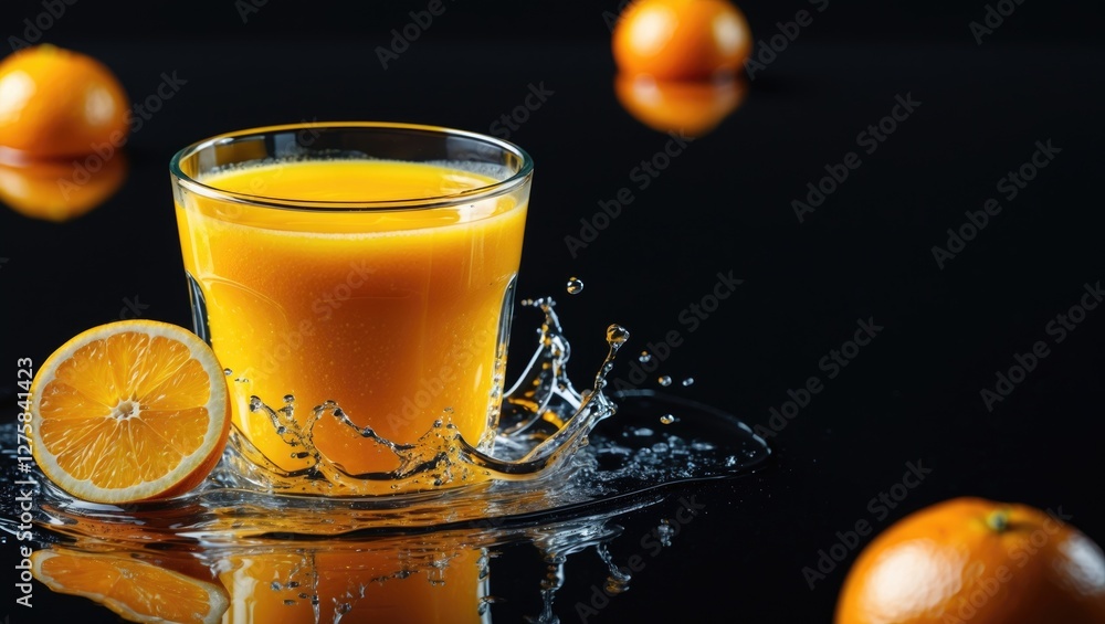 Poster refreshing glass of orange juice with splash effect surrounded by oranges on a black background idea