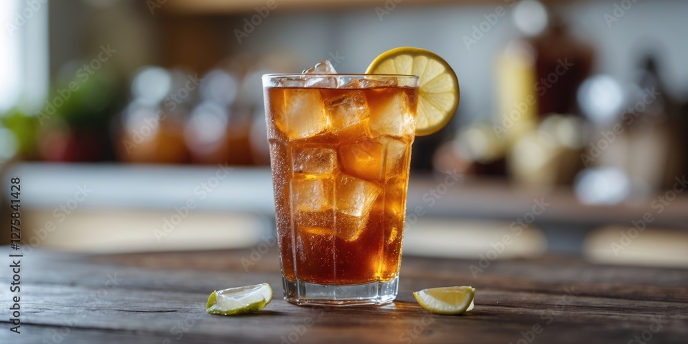 Poster refreshing sweet iced tea with lemon slice and ice cubes on rustic wooden table and blurred backgrou
