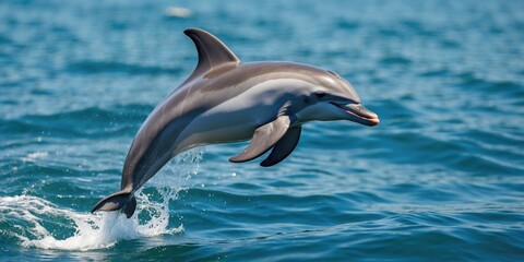 Fototapeta premium Dolphin Joyfully Leaping Above Ocean Waves with Tranquil Blue Water Background for Text Placement