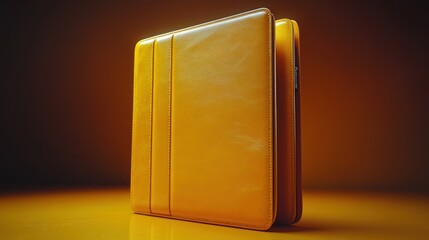 Yellow leather folio, studio, dark background, product shot