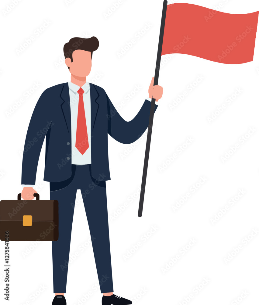 Poster businessman in formal attire holding a red flag while carrying a briefcase in a minimal vector illus