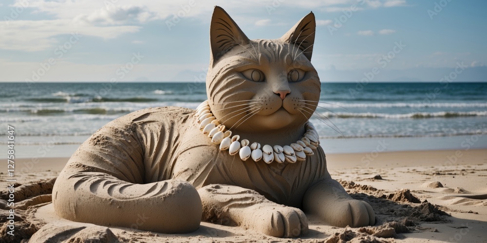Poster sand sculpture of a large cat with shell collar on beach against ocean horizon and clear sky suitabl