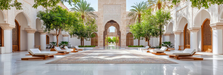 Luxurious Relaxation: Tranquil Courtyard Scene with Daybeds and Lush Greenery