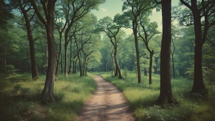 Obraz premium Hiking Trail Through Lush Fairytale Forest Pathway Surrounded by Majestic Green Trees and Tranquil Nature Setting with Blank Space for Text