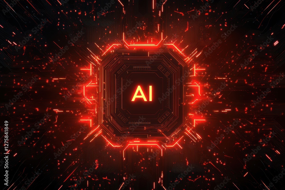 Aufkleber glowing ai circuit board with digital particles in dark background