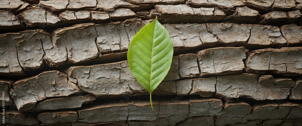 Poster green leaf resting on textured tree bark with blank space for textual overlay in natural setting