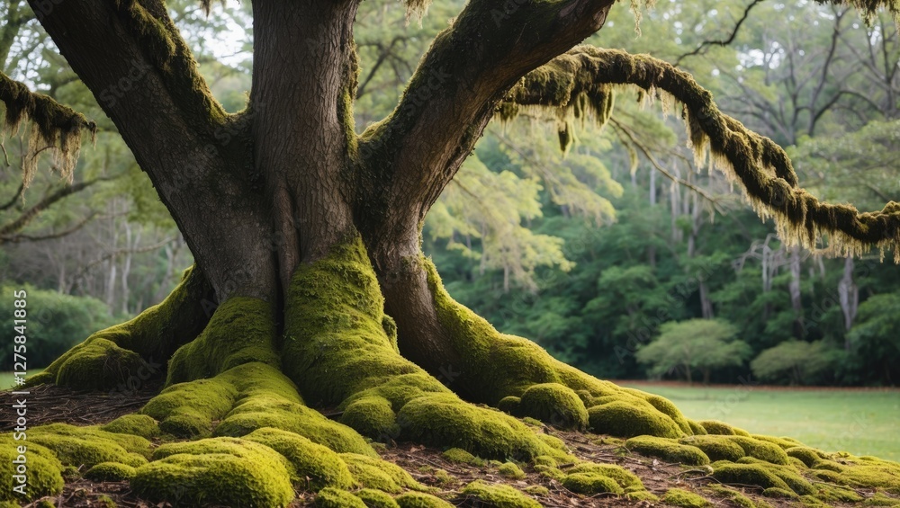 Poster majestic moss-covered tree with wide roots in a serene forest setting featuring ample empty space fo