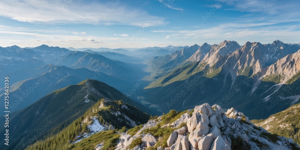 Poster breathtaking panoramic mountain view with clear skies and open space for text overlay