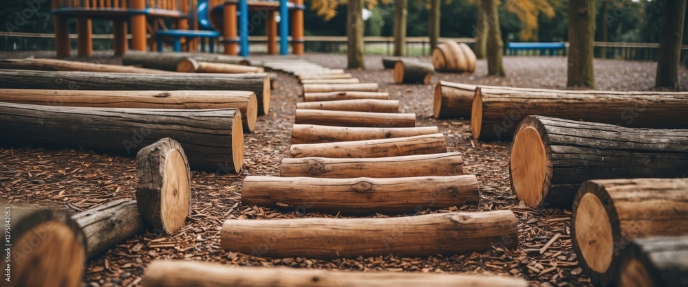 Poster natural log pathway in playground surrounded by trees with space for text overlay