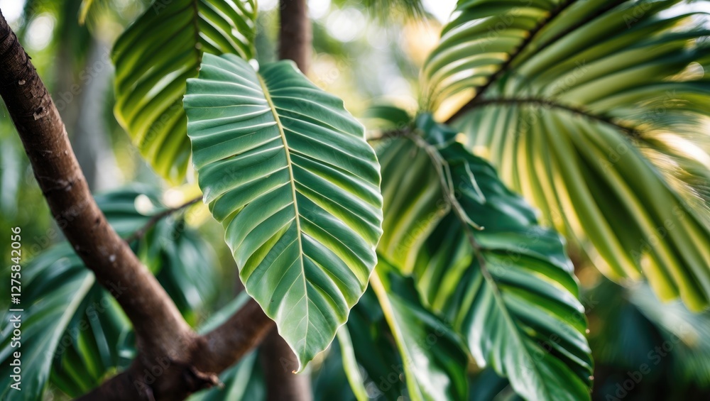 Aufkleber close-up of lush green banyan tree leaves with soft focus and ample space for text overlay in a tran