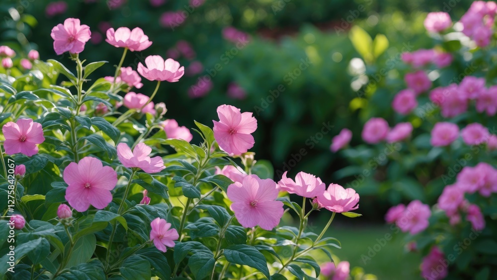 Poster pink perennial flowers in garden with soft focus background and empty space for text representation