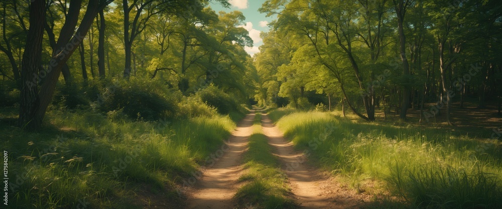 Poster woodland pathway surrounded by lush greenery featuring empty space for text and graphic elements