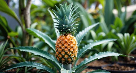 Obraz premium Pineapple plant thriving in an organic garden setting showcasing vibrant foliage and ripe fruit against a lush green background.