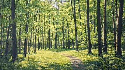 Naklejka premium A bright green forest awakening in early spring, sunlight filtering through the leaves, symbolizing renewal.