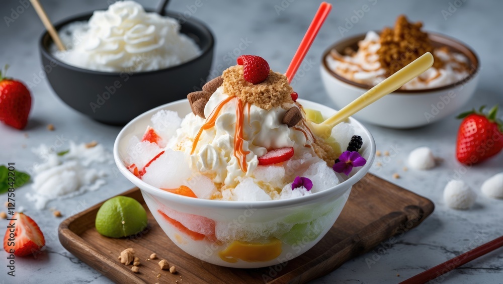 Poster colorful shaved ice dessert topped with cream and fruits on wooden board with empty space for text a