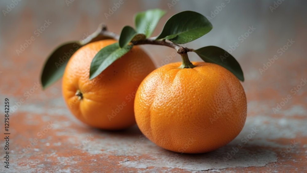 Aufkleber ripe mandarin tangerine with leaves on textured surface emphasizing bright orange color and empty sp