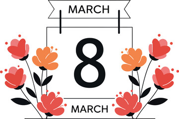 Floral arrangement with the date March 8 in minimal flat vector illustration style