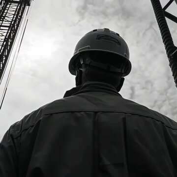 backview of half body unrecogizable construction worker / engineer on a constructions / while building development; man in hard helmet is looking arround; black & white footage
