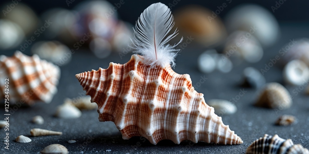 Poster seashell with delicate feather on top surrounded by pebbles against a dark backdrop showcasing natur