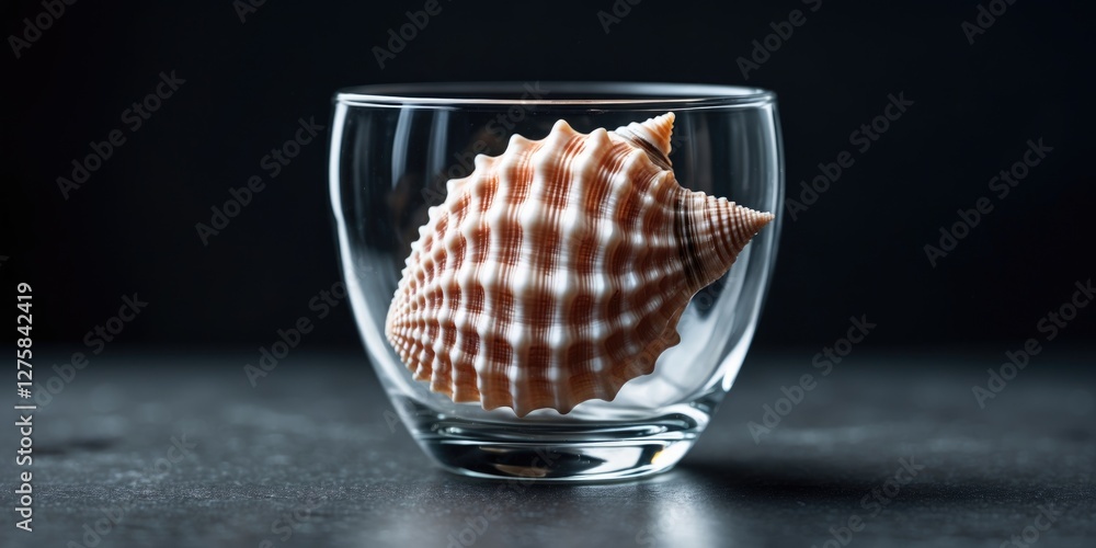 Poster seashell displayed in glass with reflection on dark background and space for text with elegant and m