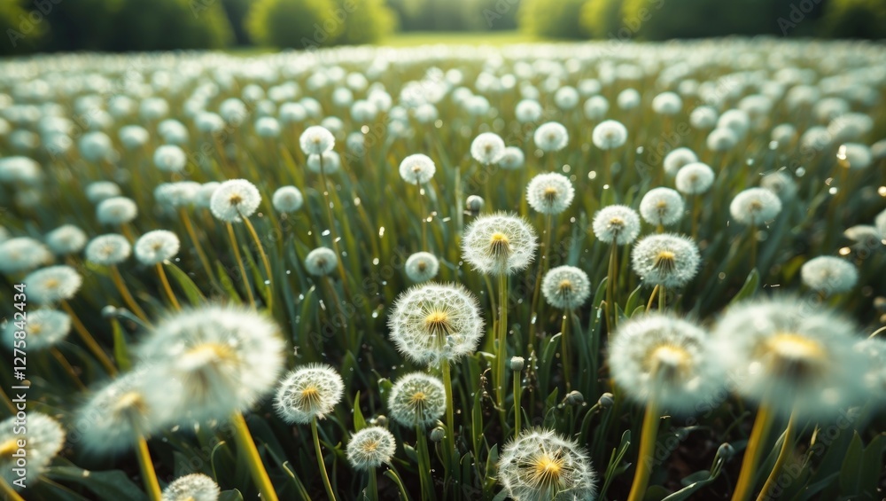 Poster field of white dandelions in selective focus with soft bokeh and ample copy space for text or design