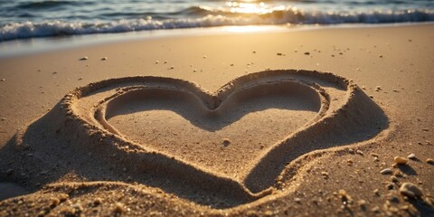 Obraz premium Heart Shape Etched in Sandy Beach Under Golden Sunlight with Ocean Waves in Background and Space for Text or Message