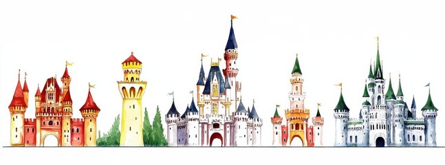 Obraz premium Colorful illustration of whimsical castles and towers.