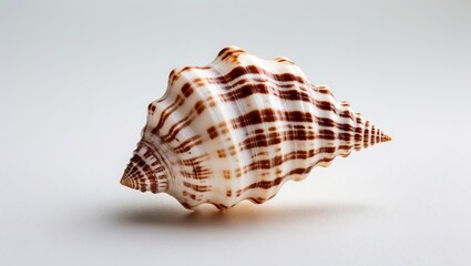 Fototapeta premium Elegant seashell with intricate brown patterns isolated on white, symbolizing simplicity and the beauty of marine life.