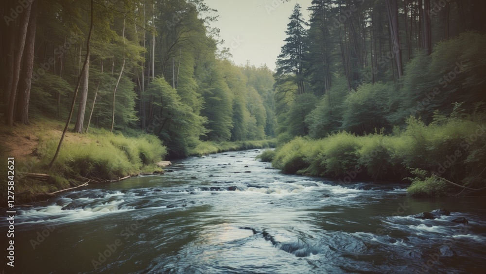Poster serene landscape of a tranquil river flowing through a lush forest with ample space for text overlay