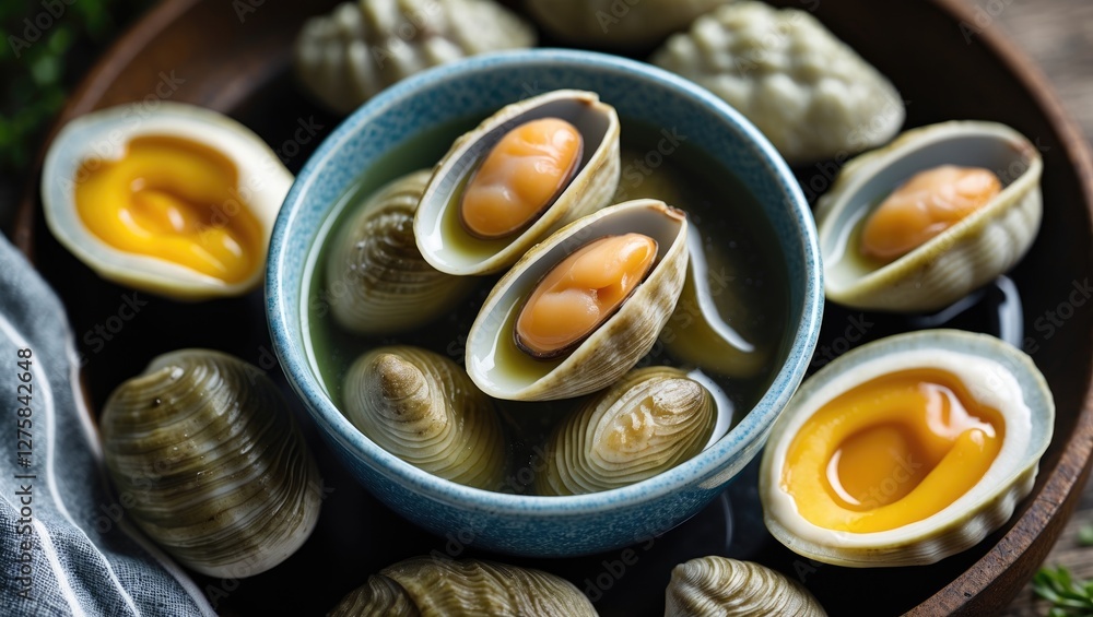 Poster delicious soft-boiled cockles served in bowl with broth surrounded by fresh shells and empty space f