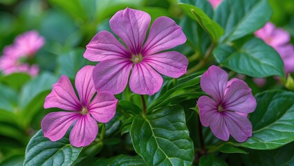 Fototapeta premium Vibrant pink periwinkle flowers in close-up against lush green leaves, highlighting the beauty of nature and floral elegance.
