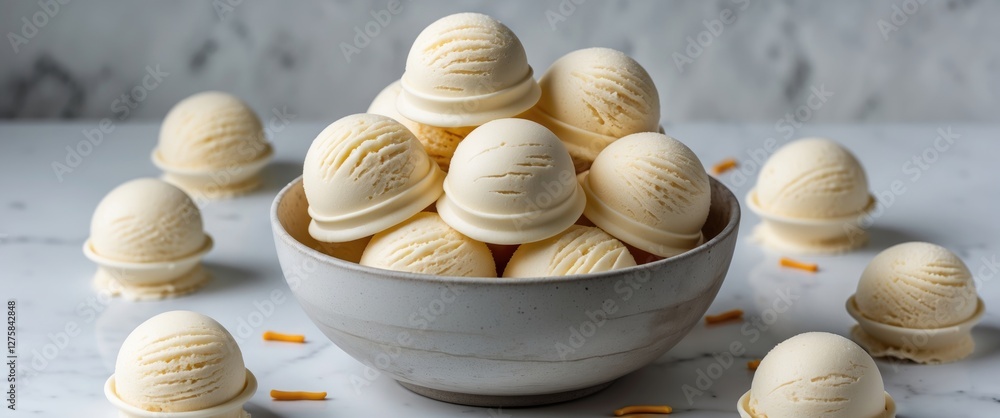Poster vanilla ice cream balls stacked in bowl with empty space for text on white surface ideal for dessert