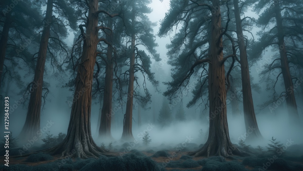 Aufkleber mysterious pine tree forest with withered branches shrouded in fog on a cloudy day