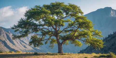 Obraz premium Lone tree in serene landscape with majestic mountains backdrop and empty space for text ideal for nature themes and inspirational concepts