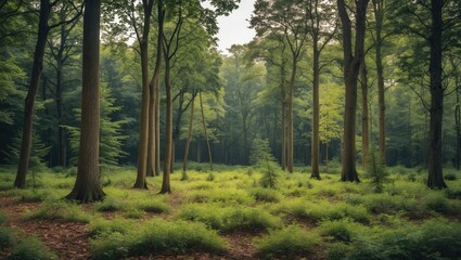 Fototapeta premium Lush Forest Landscape Featuring Diverse Trees and Green Ferns with Space for Text Overlay