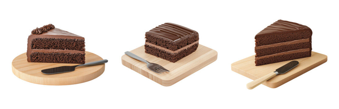 Delicious Chocolate Cake Slices on Wooden Boards Isolated on transparent background