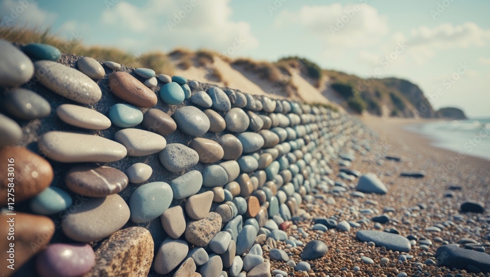 Poster colorful pebble wall on beach with sandy dunes in background and clear space for text overlay or des