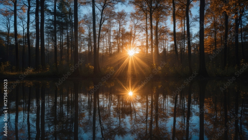 Poster sunrise illuminating a tranquil forest with autumn foliage reflected in a calm lake creating a seren