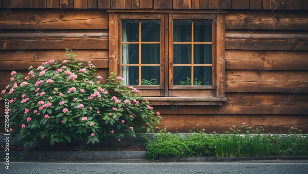 Aufkleber rustic wooden building wall featuring a window frame and vibrant flower bushes in front creating a s