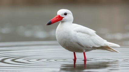 Fototapeta premium Elegant white bird with striking red beak standing in tranquil water, creating ripples and gazing curiously at the observer.