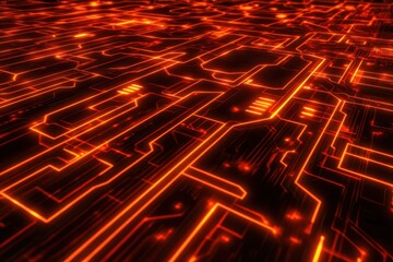 Obraz premium Abstract Neon Circuit Board Pattern in Vibrant Orange Colors